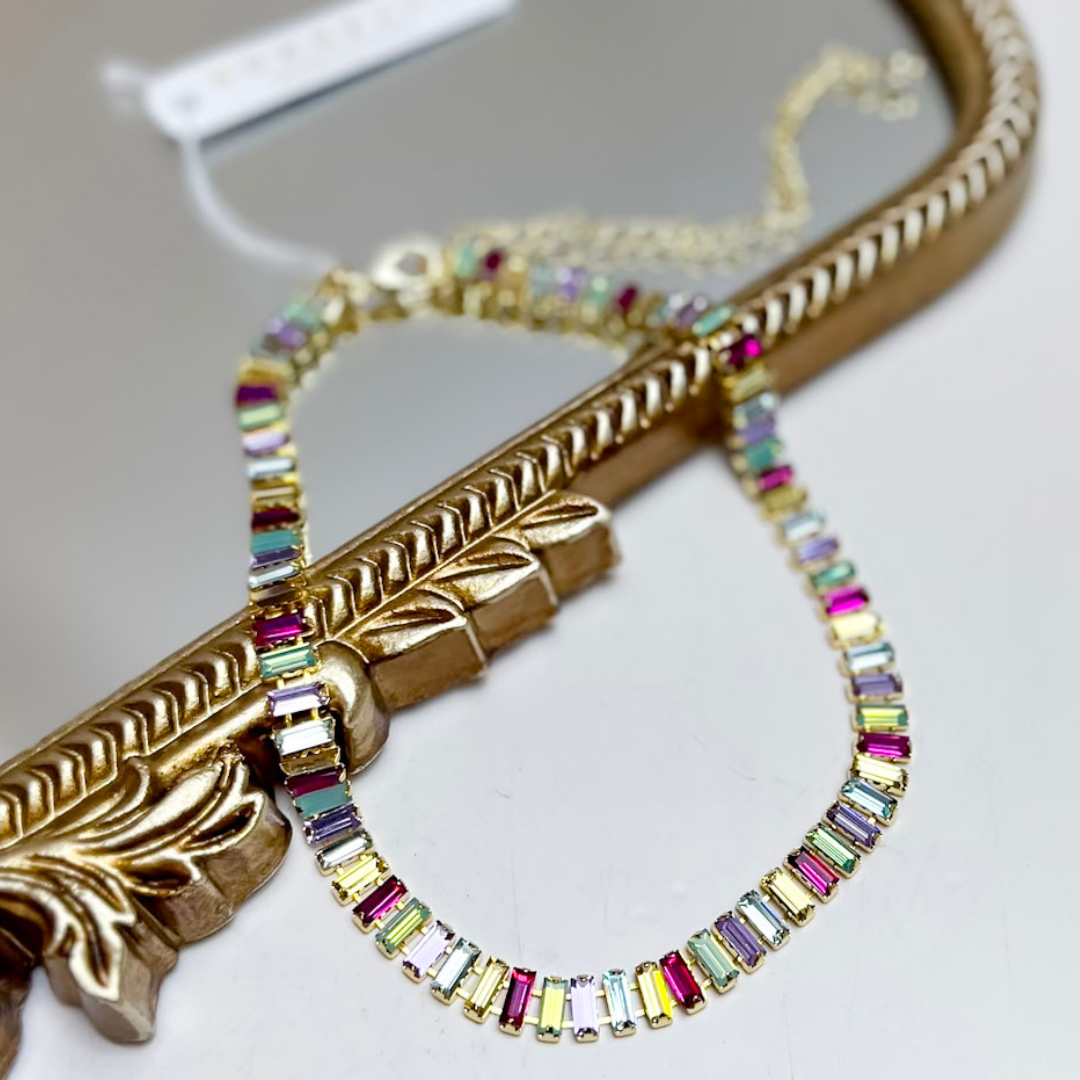 Sorrelli Matilda Choker Necklace in Bright Gold Tone and Golden Goddess featuring round faceted crystals in champagne, blush, neutral, and iridescent tones.