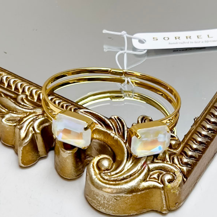 Sorrelli | Brynn Adjustable Cuff Bracelet in Bright Gold Tone and White Aurora Borealis