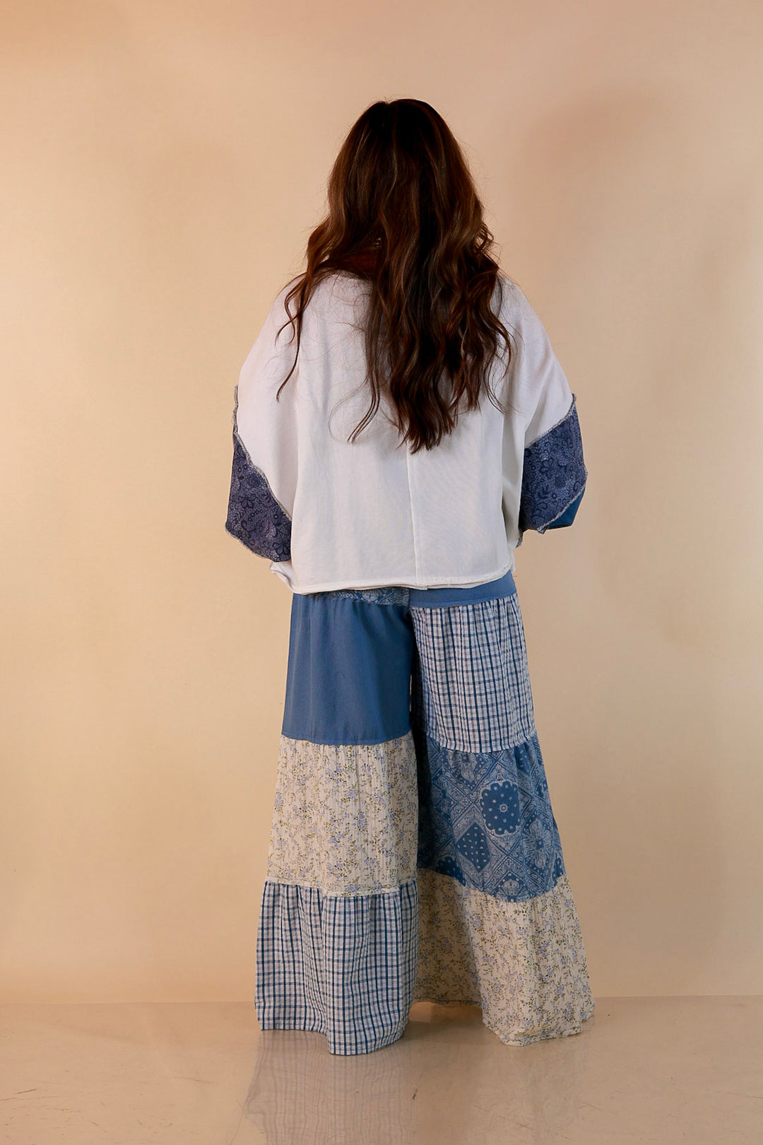 Southern Charm bandana and gingham patchwork flowy pants in blue