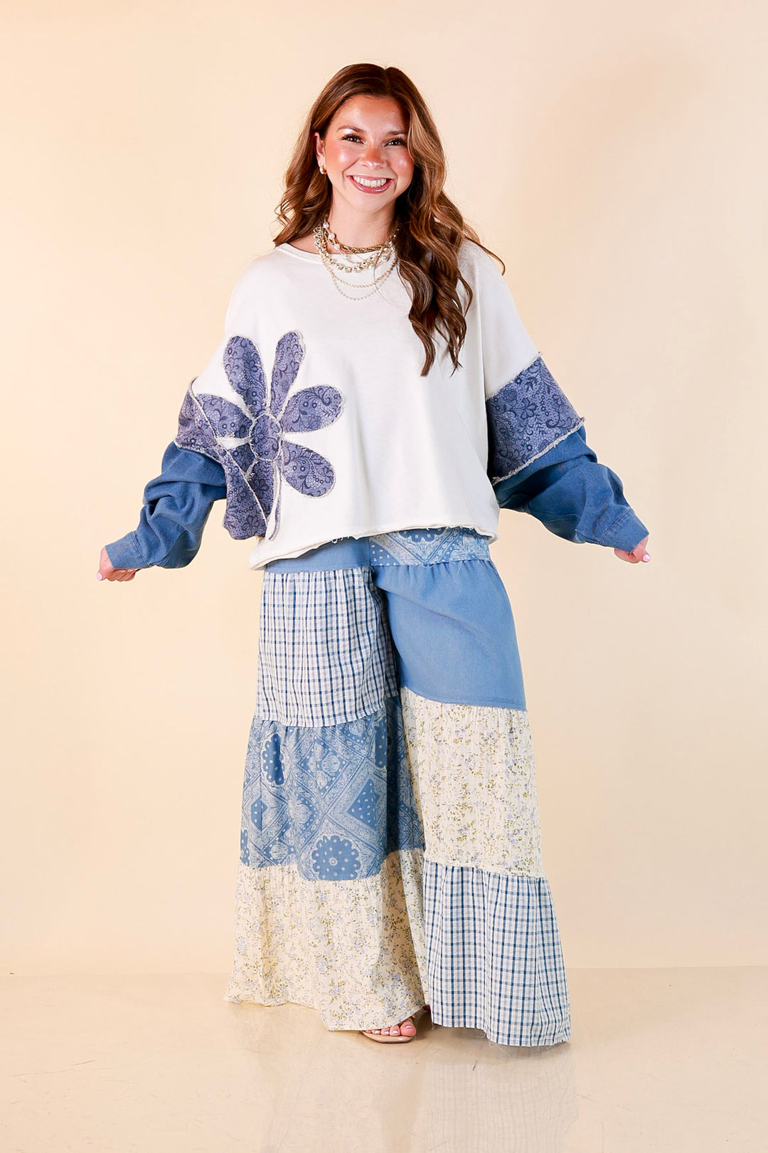 Southern Charm bandana and gingham patchwork flowy pants in blue