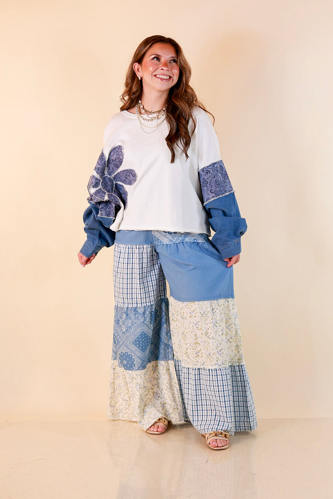 Southern Charm bandana and gingham patchwork flowy pants in blue