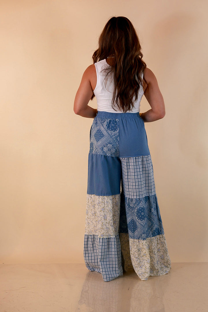 Southern Charm bandana and gingham patchwork flowy pants in blue