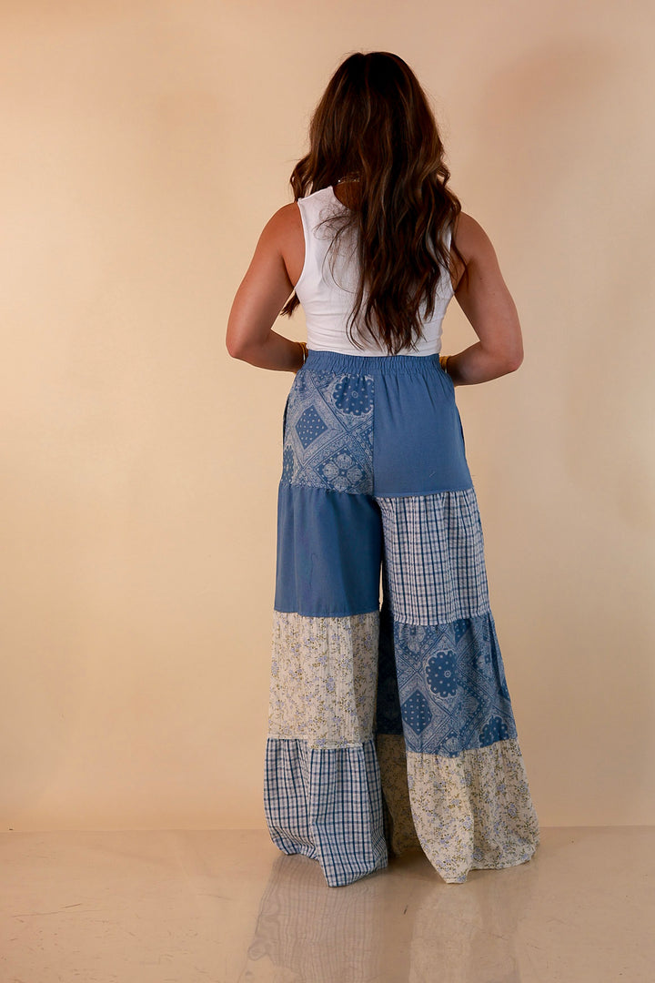 Southern Charm bandana and gingham patchwork flowy pants in blue