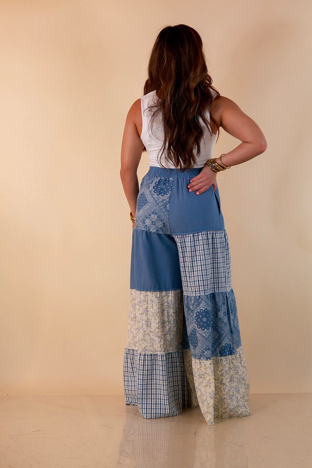 Southern Charm bandana and gingham patchwork flowy pants in blue
