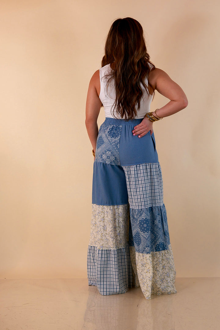 Southern Charm bandana and gingham patchwork flowy pants in blue