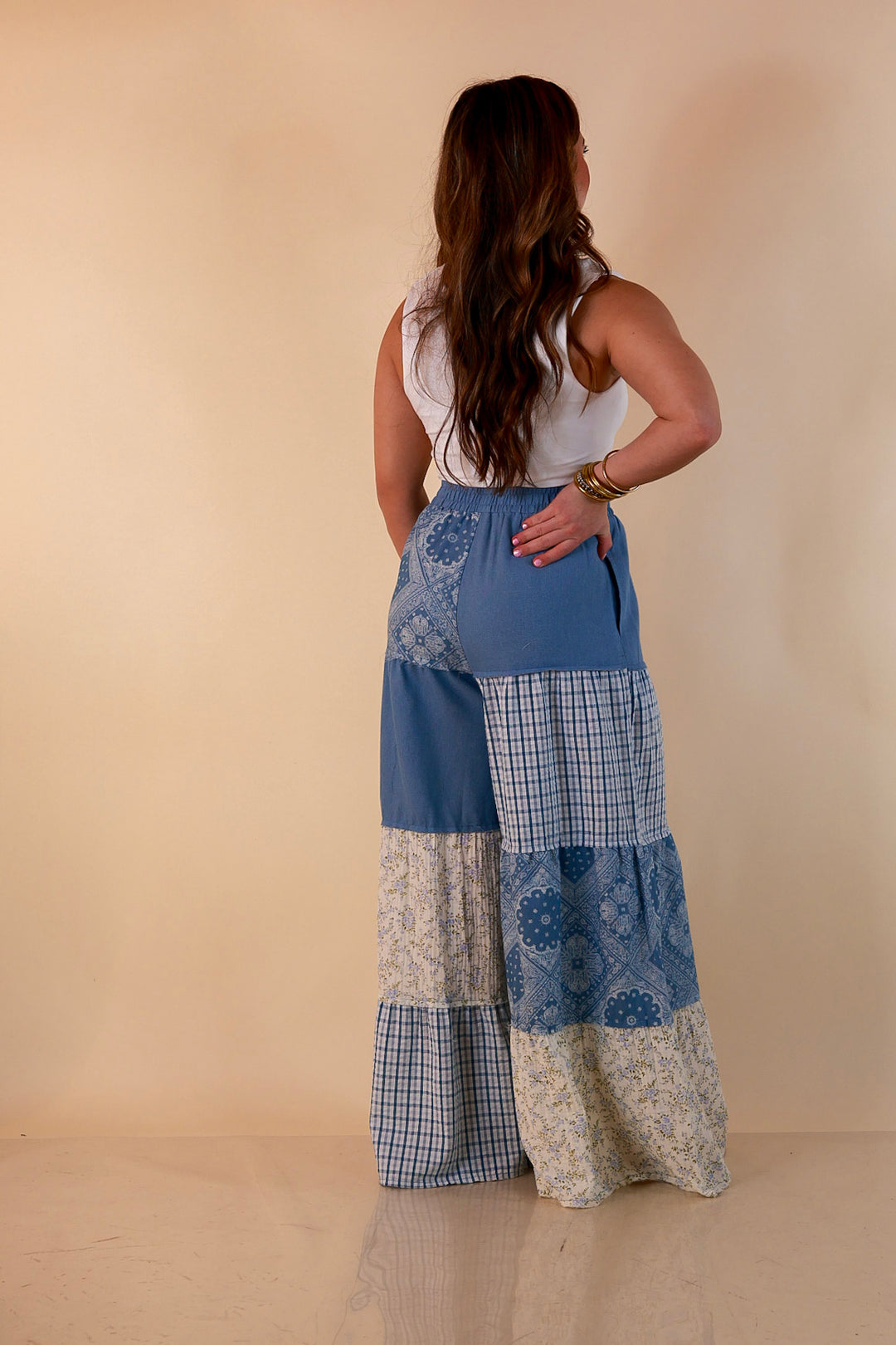 Southern Charm bandana and gingham patchwork flowy pants in blue
