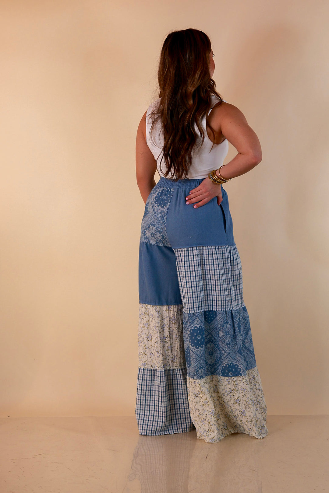 Southern Charm bandana and gingham patchwork flowy pants in blue