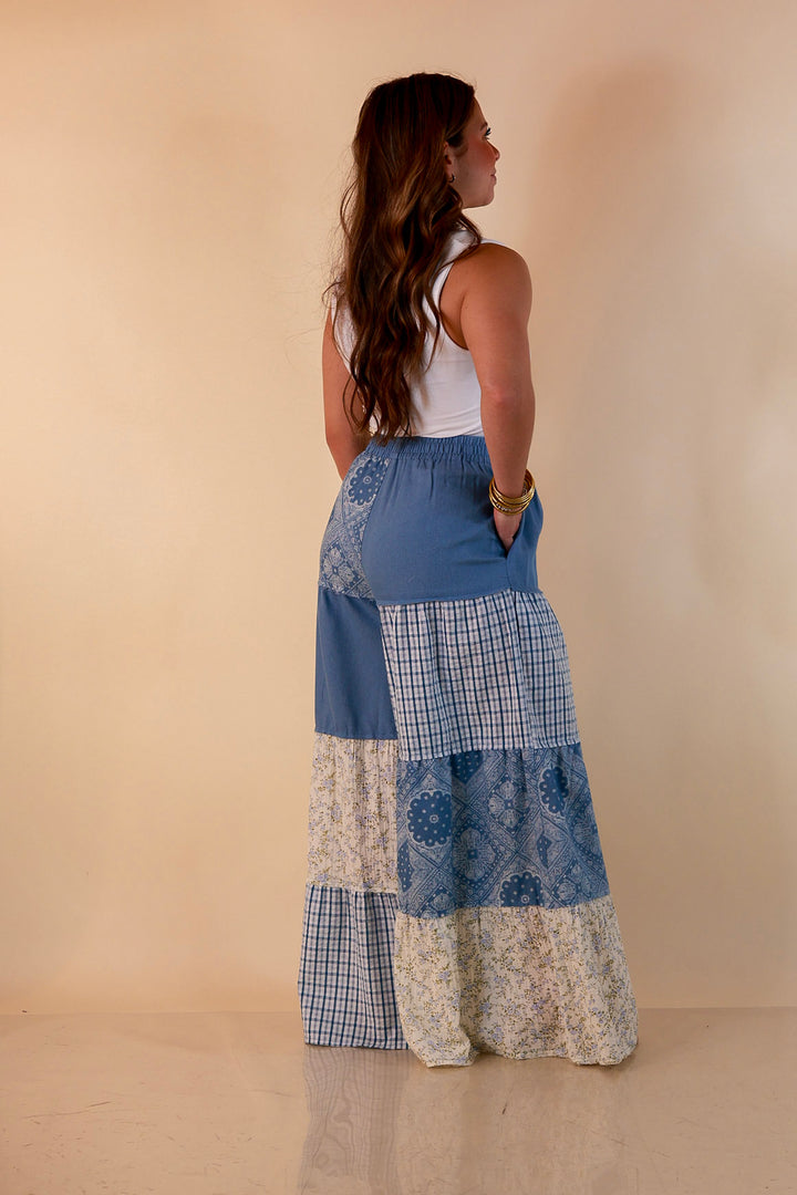 Southern Charm bandana and gingham patchwork flowy pants in blue