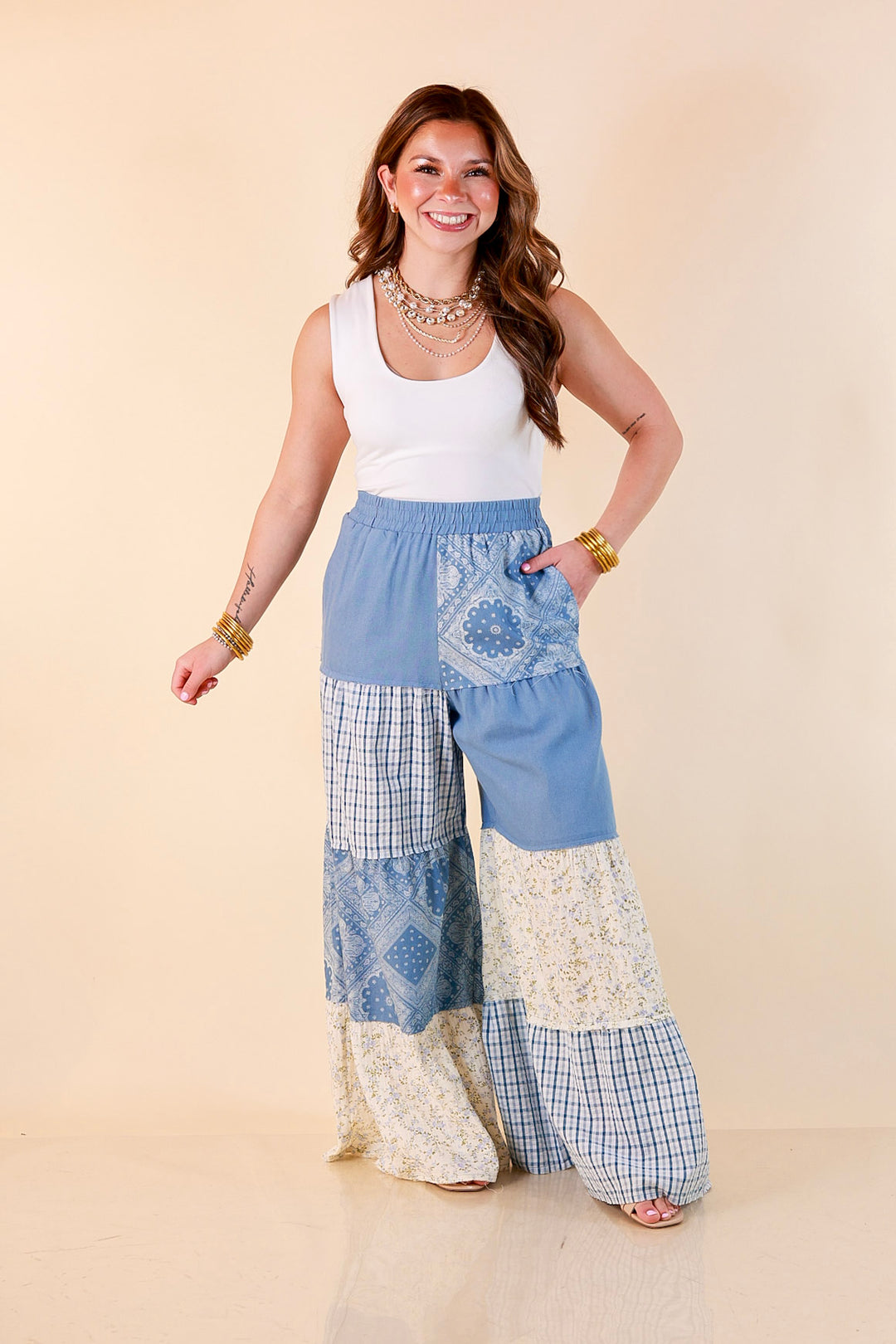 Southern Charm bandana and gingham patchwork flowy pants in blue