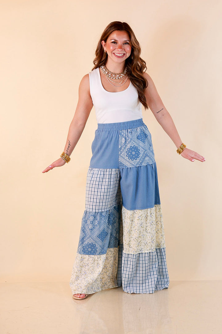 Southern Charm bandana and gingham patchwork flowy pants in blue
