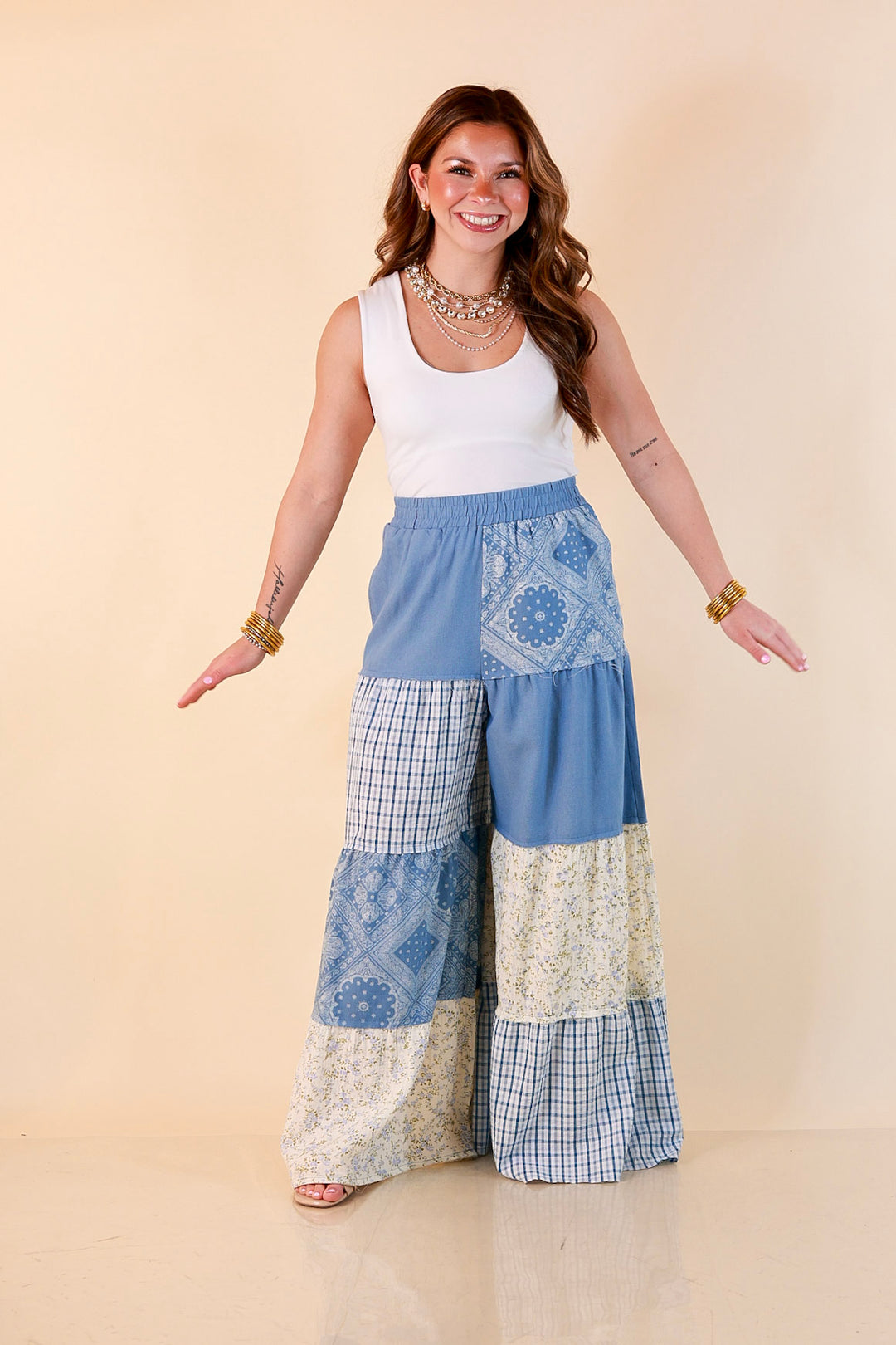 Southern Charm bandana and gingham patchwork flowy pants in blue