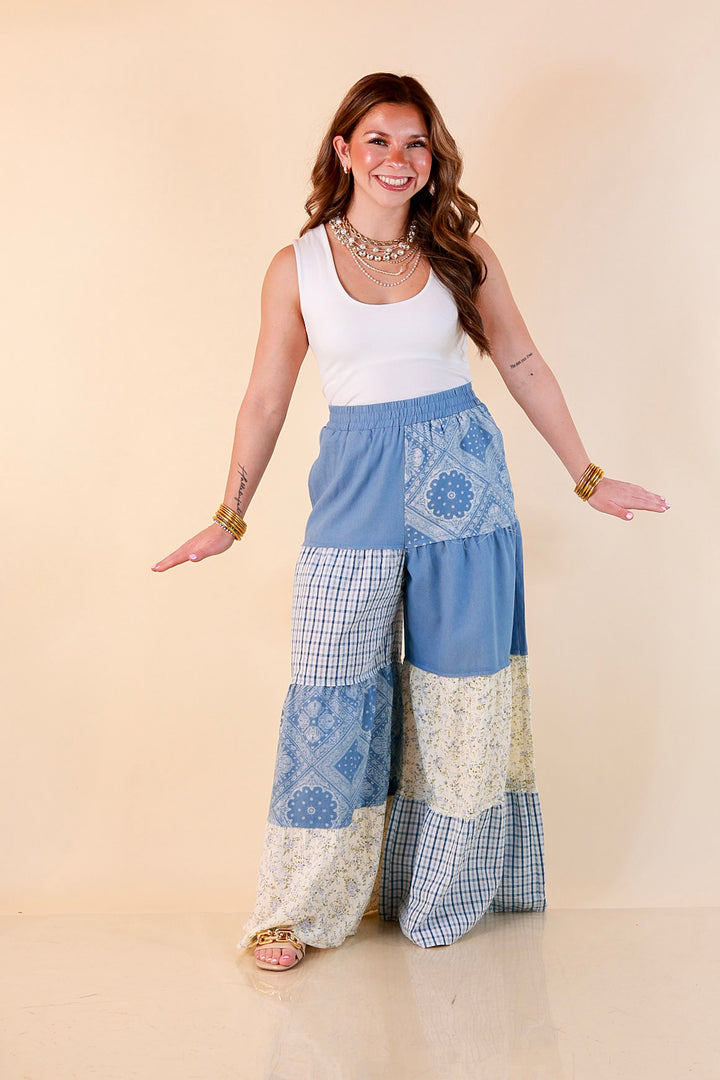 Southern Charm bandana and gingham patchwork flowy pants in blue