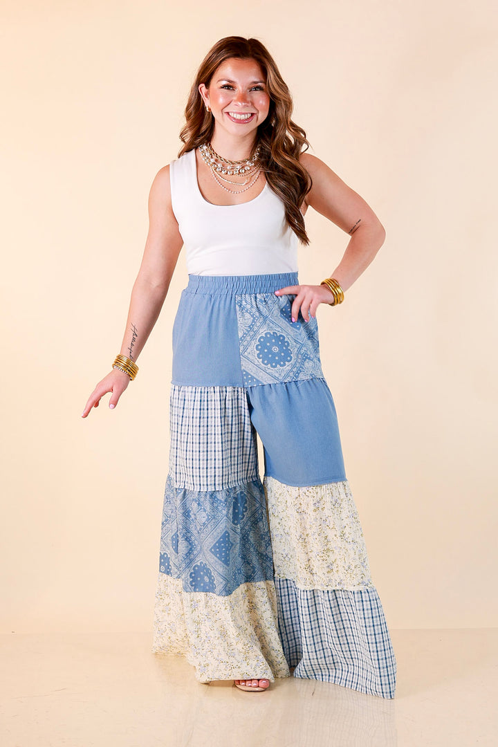 Southern Charm bandana and gingham patchwork flowy pants in blue