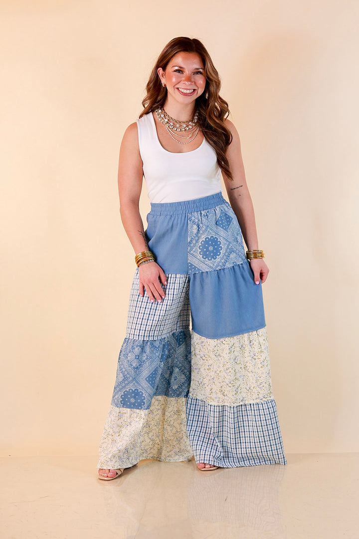 Southern Charm bandana and gingham patchwork flowy pants in blue