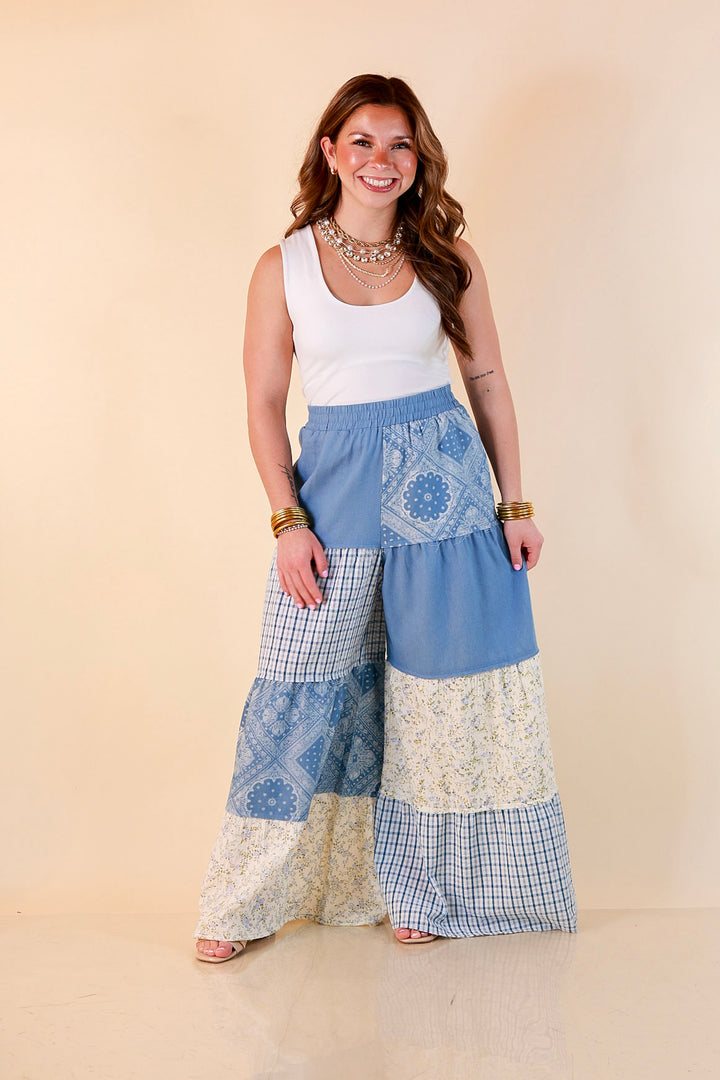 Southern Charm bandana and gingham patchwork flowy pants in blue
