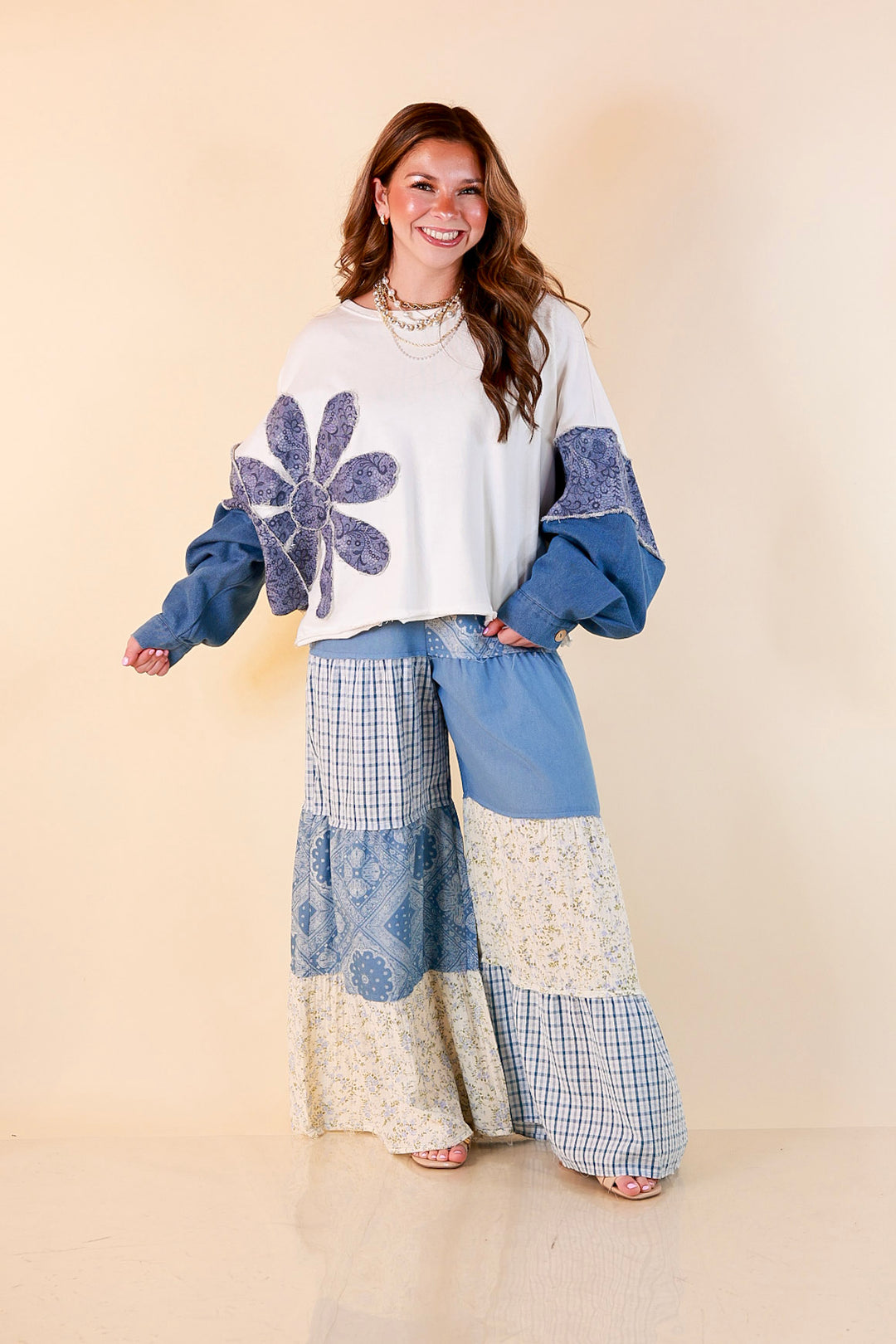 Southern Charm bandana and gingham patchwork flowy pants in blue