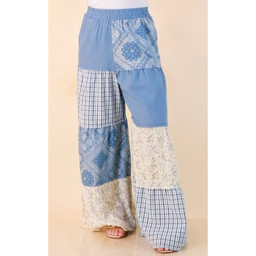 Southern Charm bandana and gingham patchwork flowy pants in blue