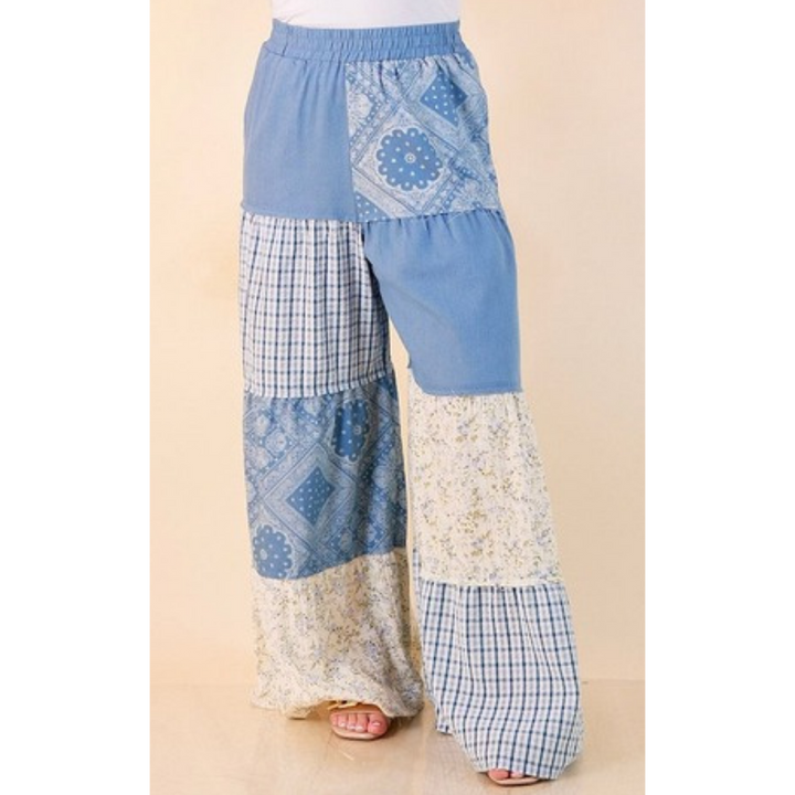Southern Charm bandana and gingham patchwork flowy pants in blue