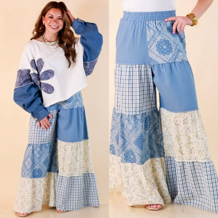 Southern Charm bandana and gingham patchwork flowy pants in blue