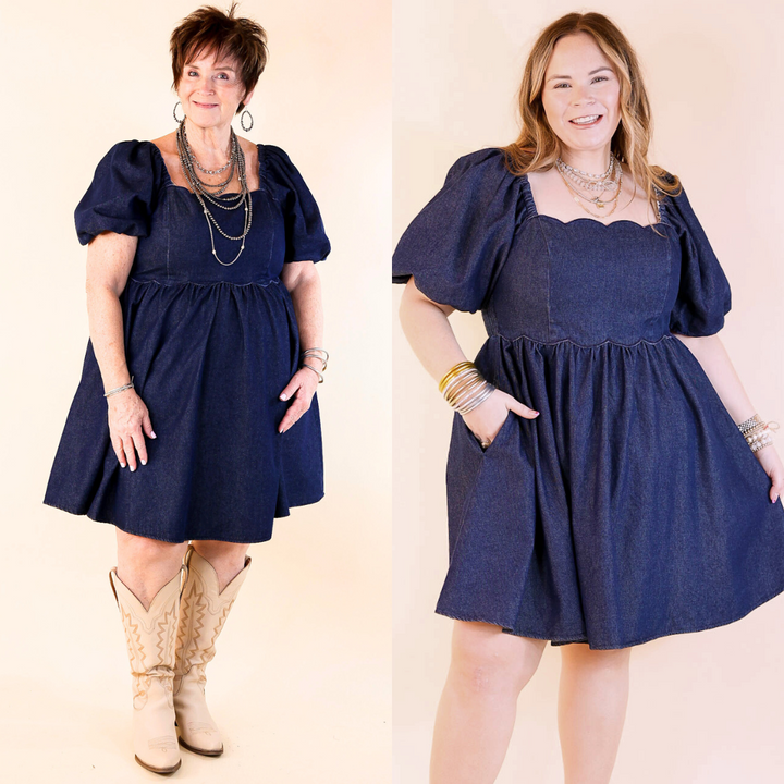 Southern Belle Short Puff Sleeve Denim Dress with Scalloped Square Neckline in Dark Wash