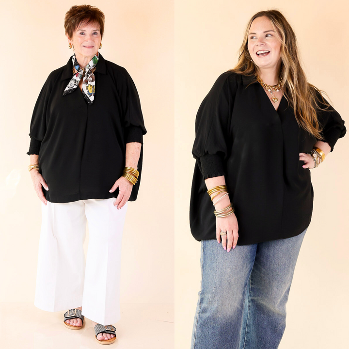 Polished yet easy, the Spoken In Style Blouse features a collared V-neckline and smocked sleeve bands for a feminine finish.  Sizes small to large.