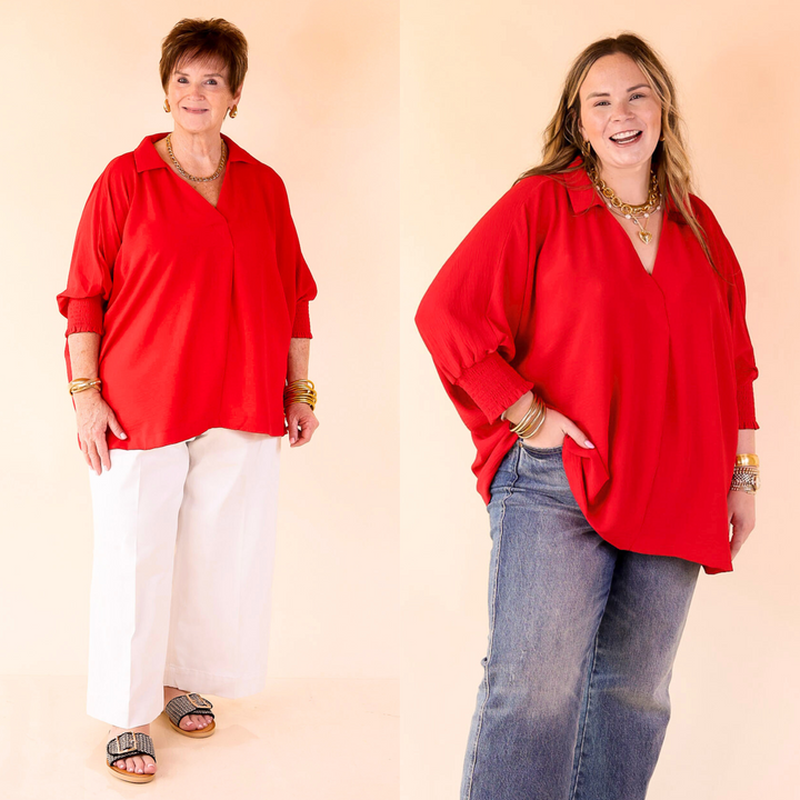 Spoken In Style Collared Blouse with Smoked Sleeve Band in Ruby