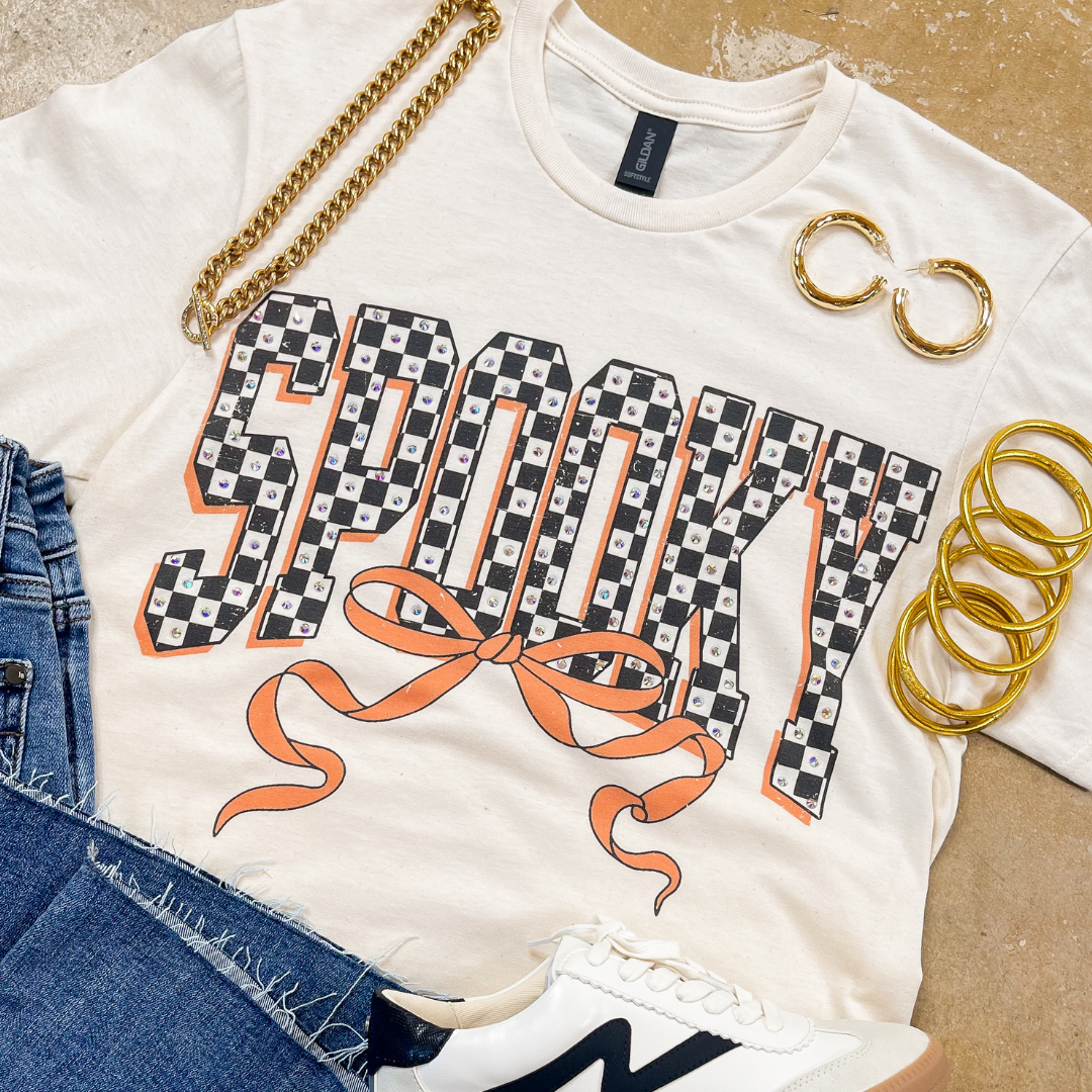 Spooked in Style Checkered Spooky with Bow Short Sleeve Graphic Tee with Crystals in Cream