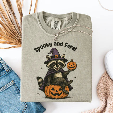 Folded sweatshirt with Halloween-themed raccoon design on a white surface with jeans and a hat.