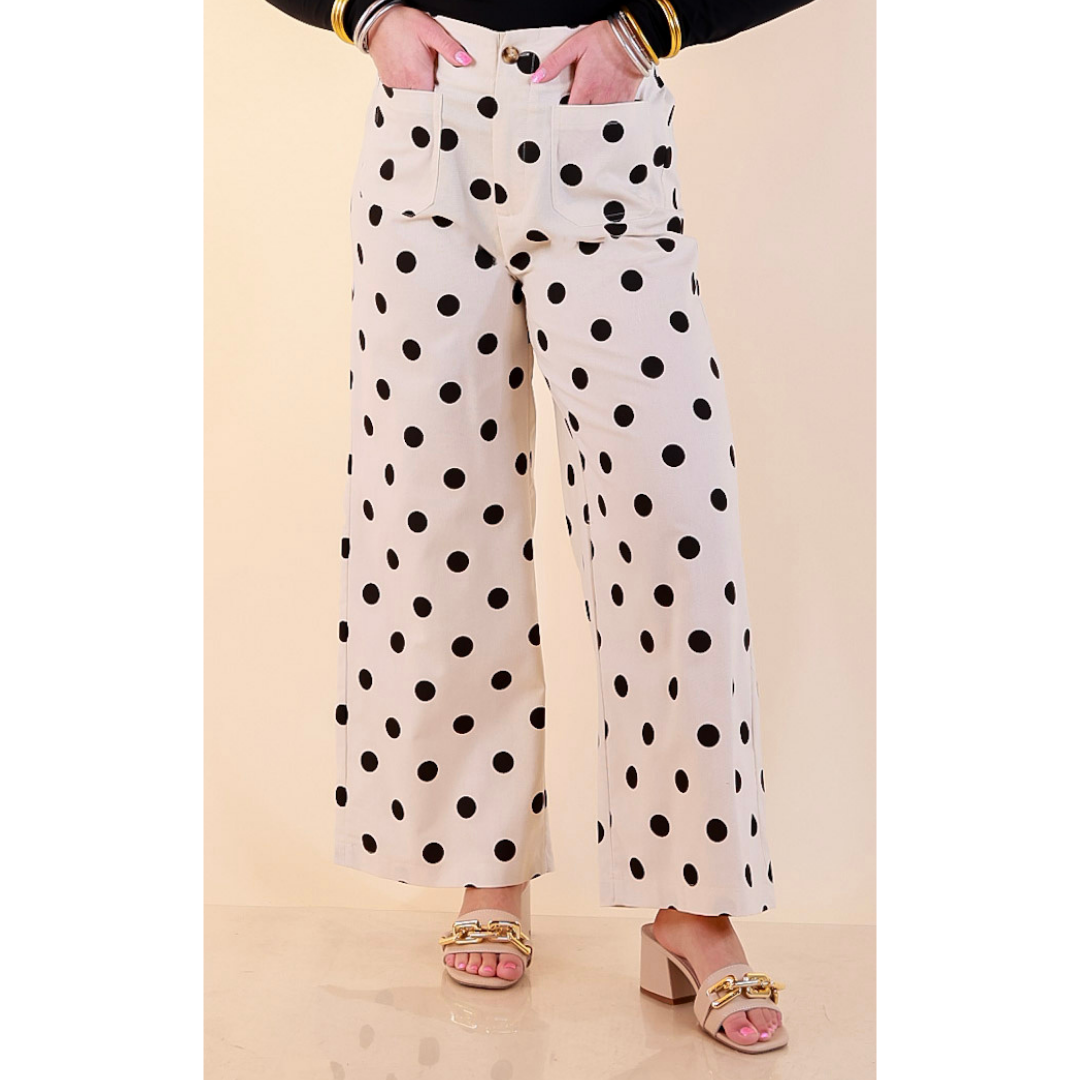 Spot on Style Wide Leg Black Polka Dot Print Pant with Front Patch Pocket in Cream