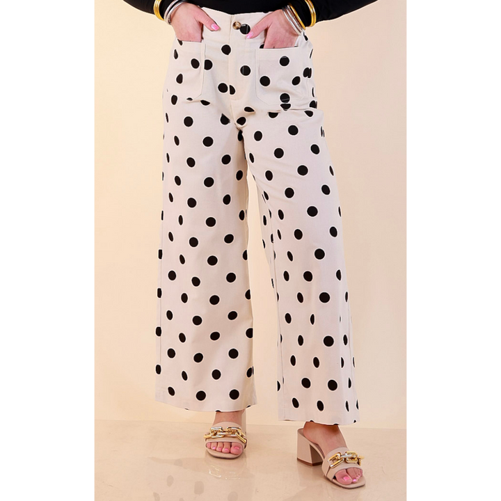 Spot on Style Wide Leg Black Polka Dot Print Pant with Front Patch Pocket in Cream
