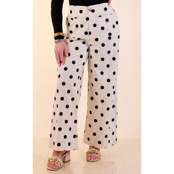 Spot on Style Wide Leg Black Polka Dot Print Pant with Front Patch Pocket in Cream