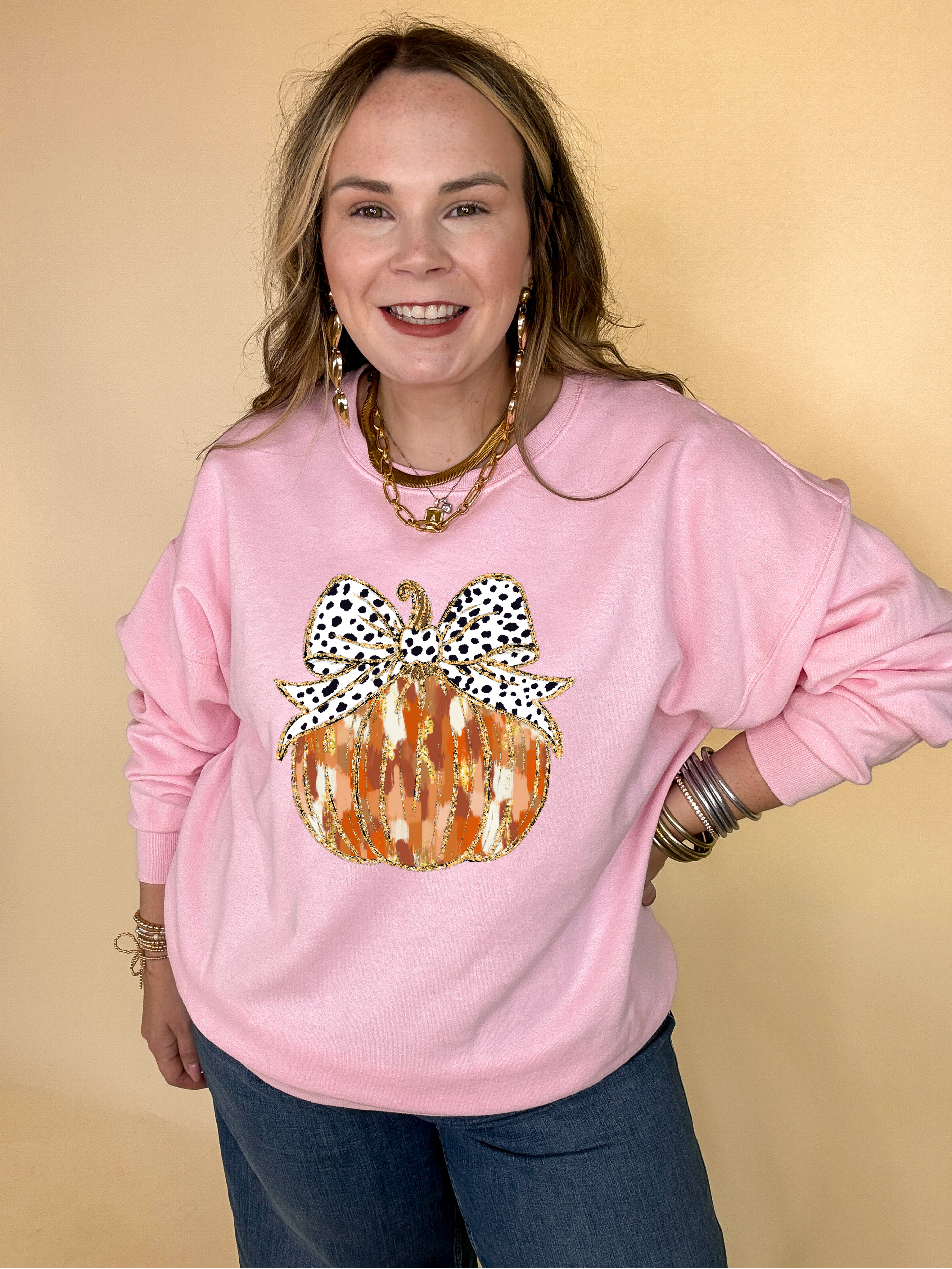 Online Exclusive | Spots & Spice Fall colored Pumpkin with Dotted Bow Graphic Sweatshirt in Multiple Color Options