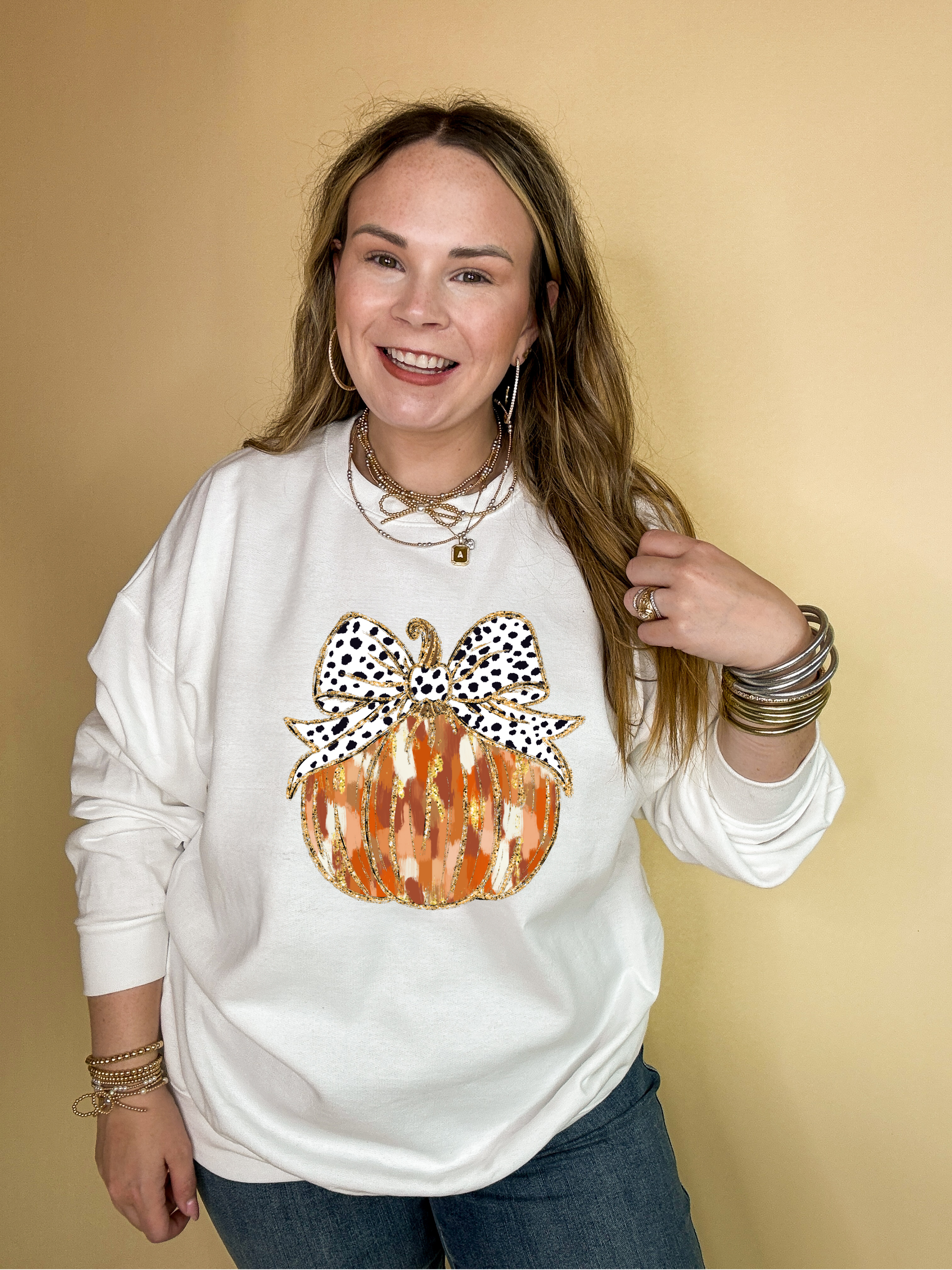 Online Exclusive | Spots & Spice Fall colored Pumpkin with Dotted Bow Graphic Sweatshirt in Multiple Color Options