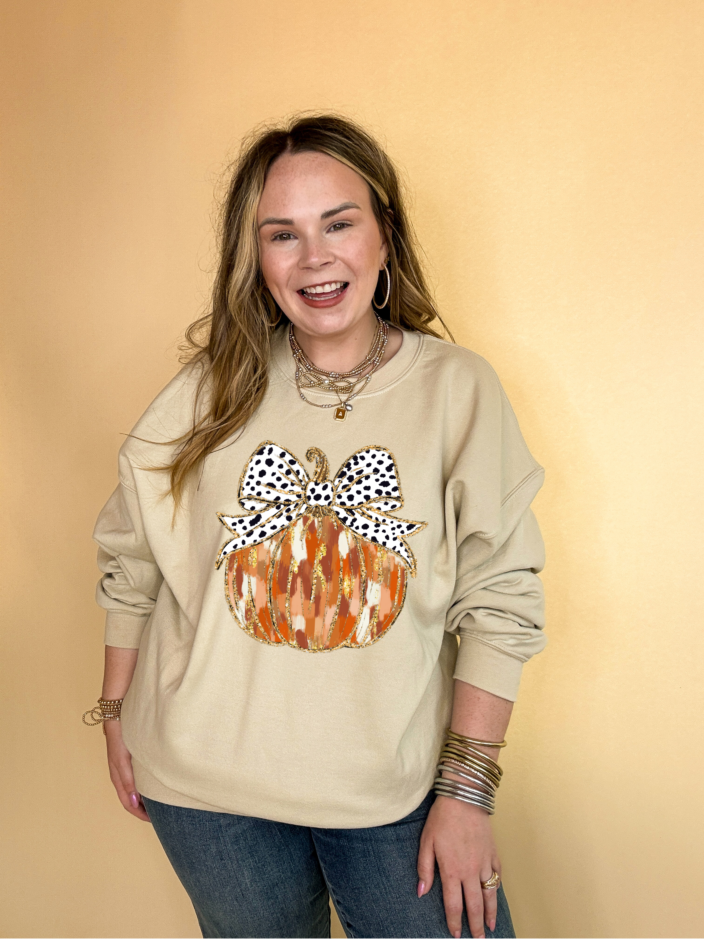 Online Exclusive | Spots & Spice Fall colored Pumpkin with Dotted Bow Graphic Sweatshirt in Multiple Color Options