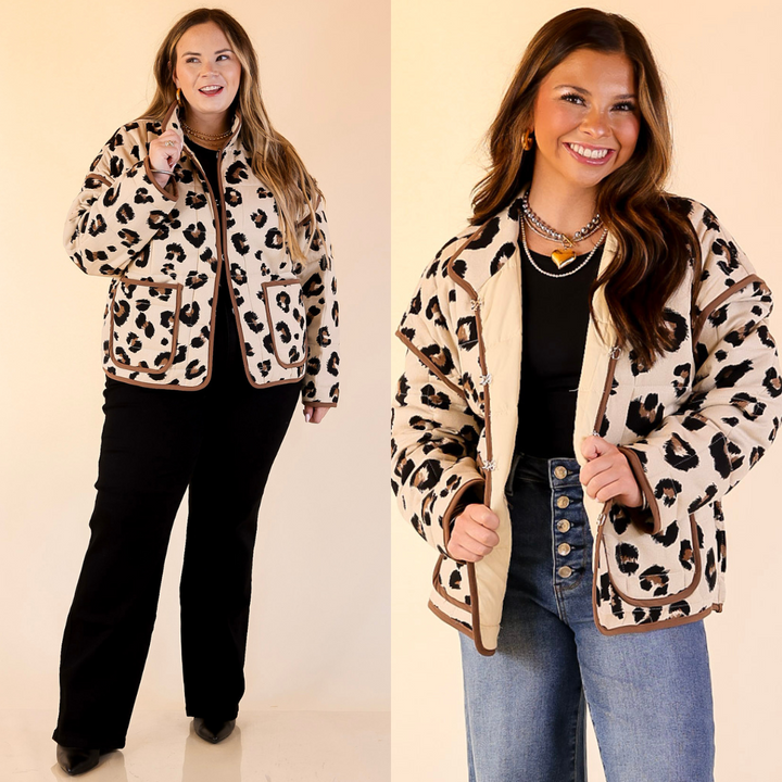 women wearing leopard print jacket in cream with jeans against a plain background.
