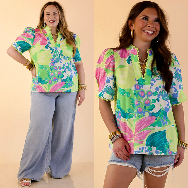 Spring Awakening Floral Print Puff Sleeve Top with Split Neckline in Green Multi