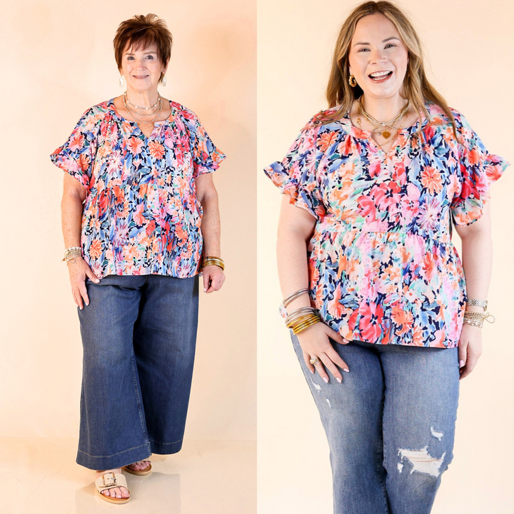 This top includes short sleeves with ruffles, a babydoll style body, and a cute floral print. Available in sizes small through plus size.