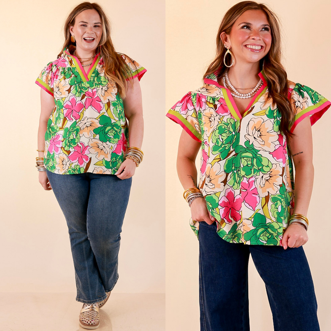 Spring Symphony Floral Print Flutter Sleeve Top with Contrast Trim Split Neckline in Pink and Green