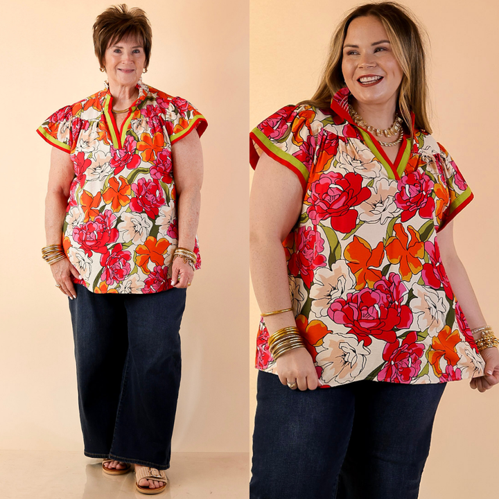 Spring Symphony Floral Print Flutter Sleeve Top with Contrast Trim Split Neckline in Pink and Orange