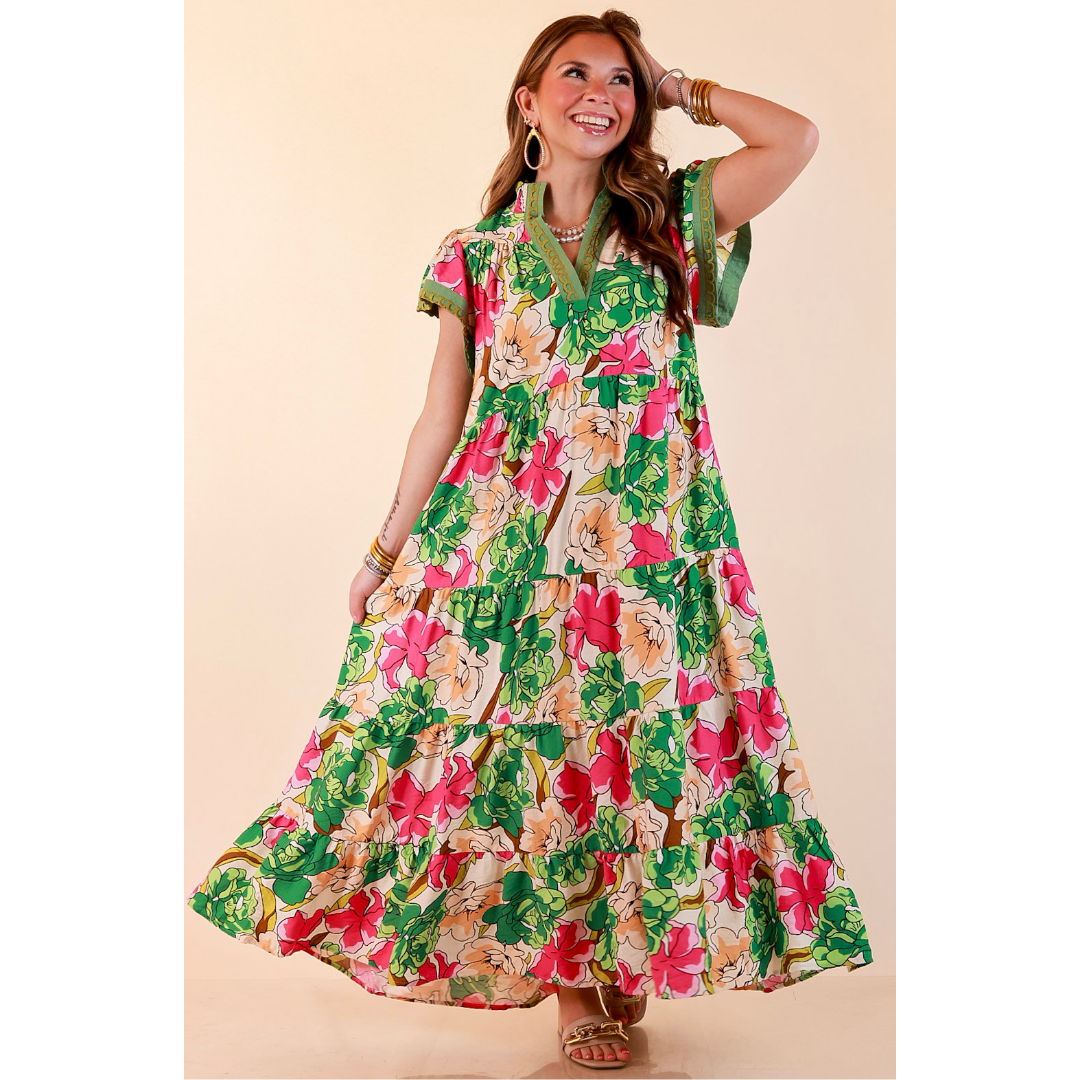 Spring Symphony Floral Print Tiered Midi Dress with Flutter Sleeves in Pink and Green