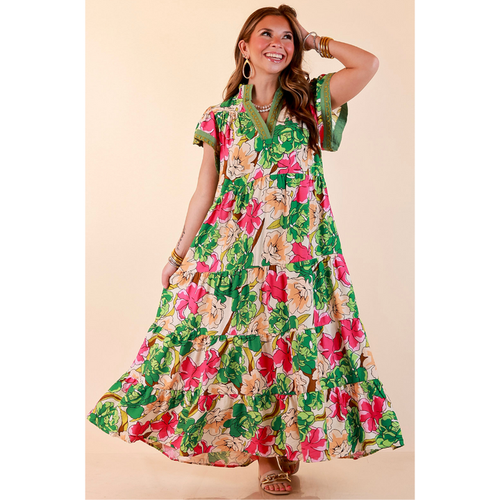 Spring Symphony Floral Print Tiered Midi Dress with Flutter Sleeves in Pink and Green