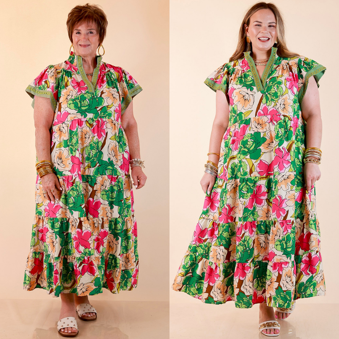 Spring Symphony Floral Print Tiered Midi Dress with Flutter Sleeves in Pink and Green
