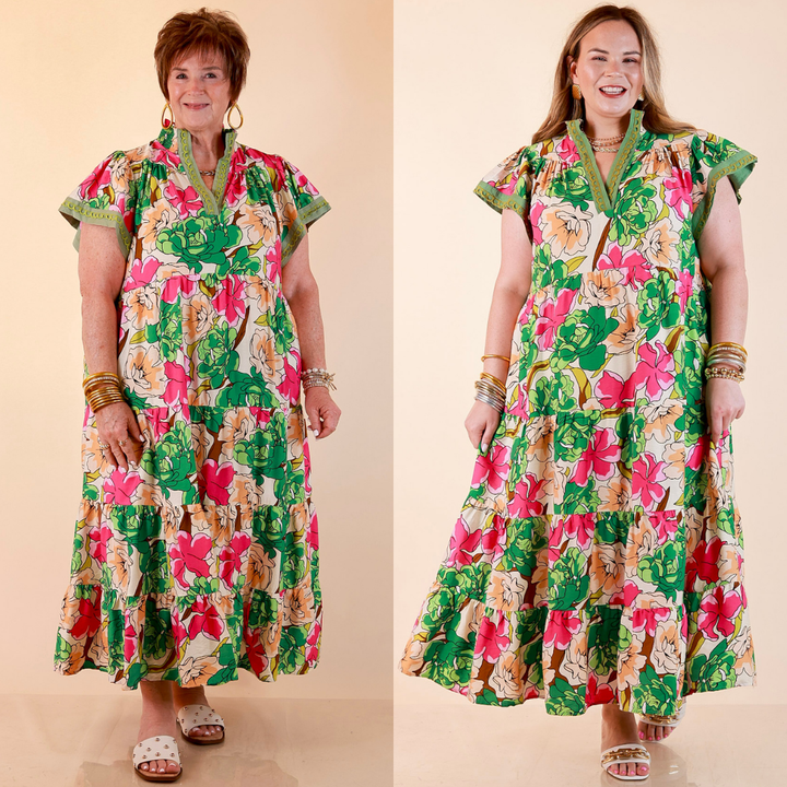 Spring Symphony Floral Print Tiered Midi Dress with Flutter Sleeves in Pink and Green