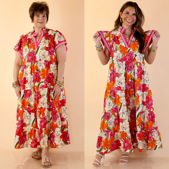 Spring Symphony Floral Print Tiered Midi Dress with Flutter Sleeves in Pink and Orange