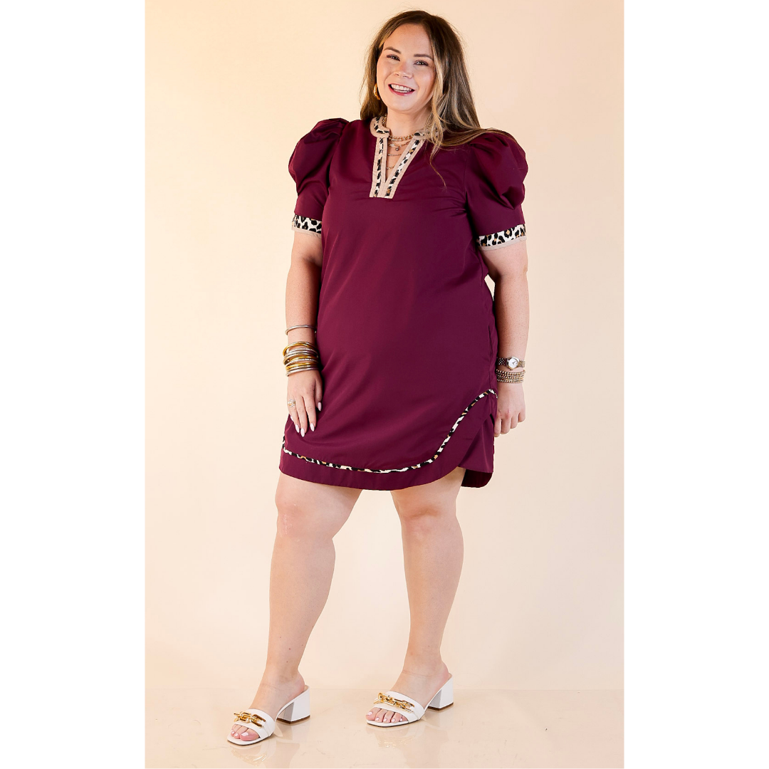 Standout Style Dress with Short Balloon Sleeves and Leopard Print Trim in Maroon