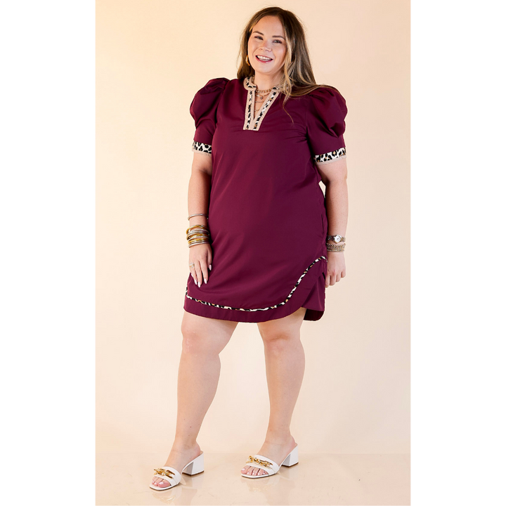 Standout Style Dress with Short Balloon Sleeves and Leopard Print Trim in Maroon