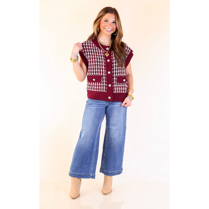 Statement Maker Button Front Large Tweed Sweater Vest in Maroon