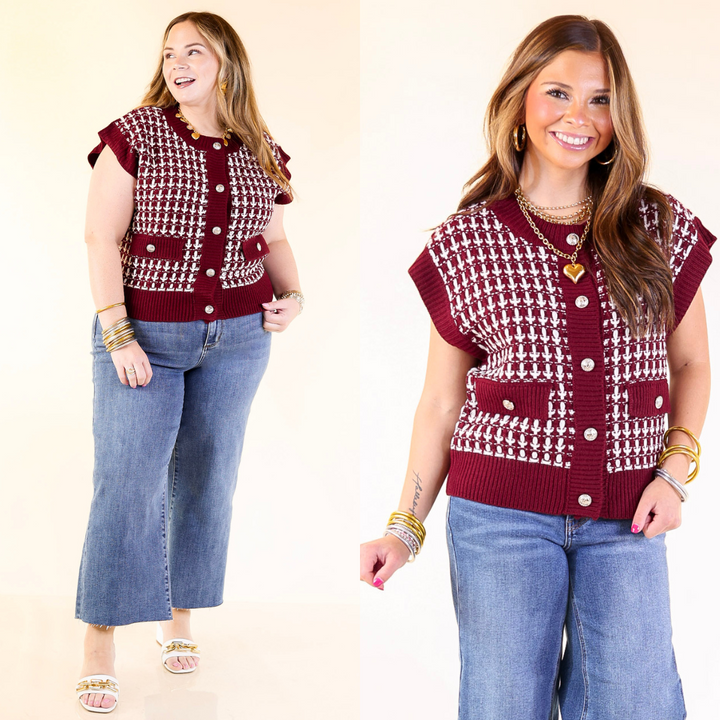 Two images of a woman wearing a patterned cardigan in maroon and jeans on a beige background