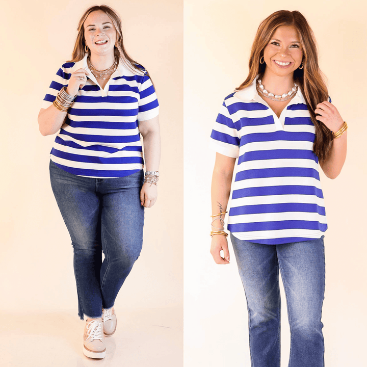 Statement in Stripes shirt features pink vertical stripes, a classic collar, and short sleeves for an easy, standout look. Sizes small through large.