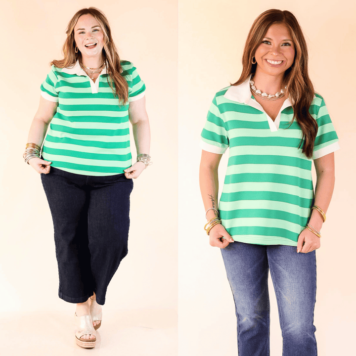 Statement in Stripes shirt features Green vertical stripes, a classic collar, and short sleeves for an easy, standout look. Sizes small through large.